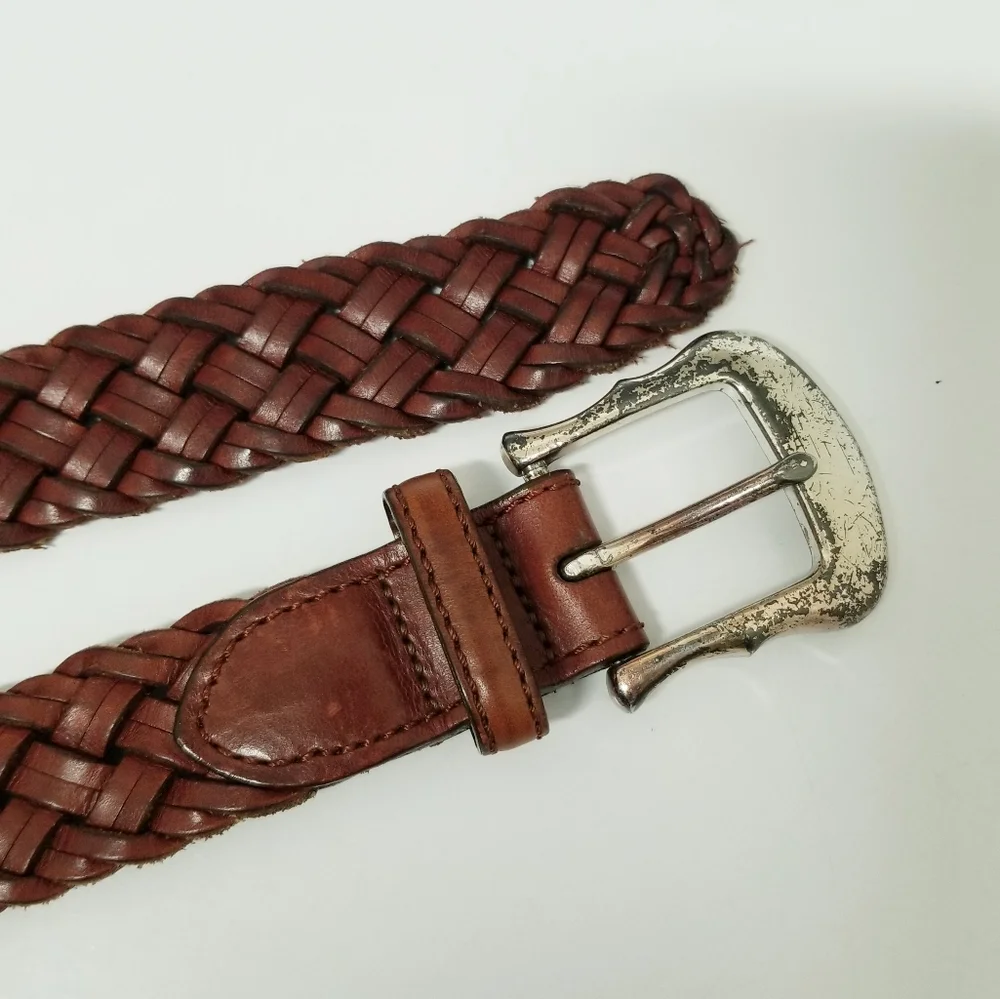 Brighton Vintage 90's Leather Belt Brown Braided Silver-tone Zoo Animals Sz 30